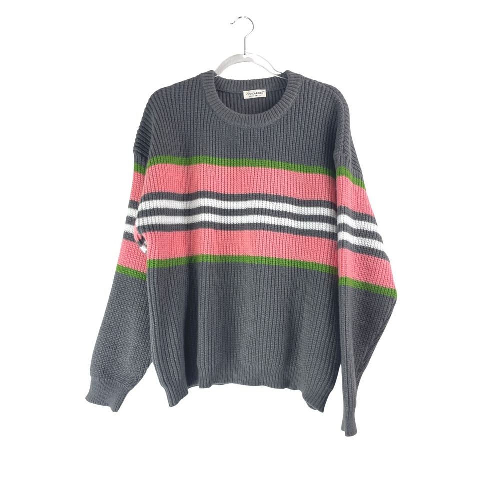 Anna-Kaci Womens XL Grey Pink Striped Ribbed‎ Knit Oversized Crew Neck Sweater